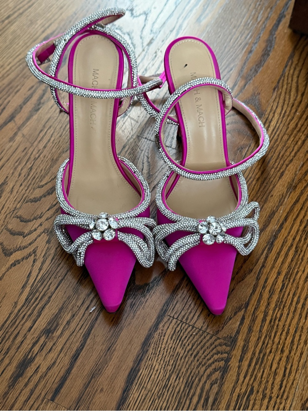 MACH & MACH Hot Pink Satin Pointed-Toe Heels with Crystal Bow